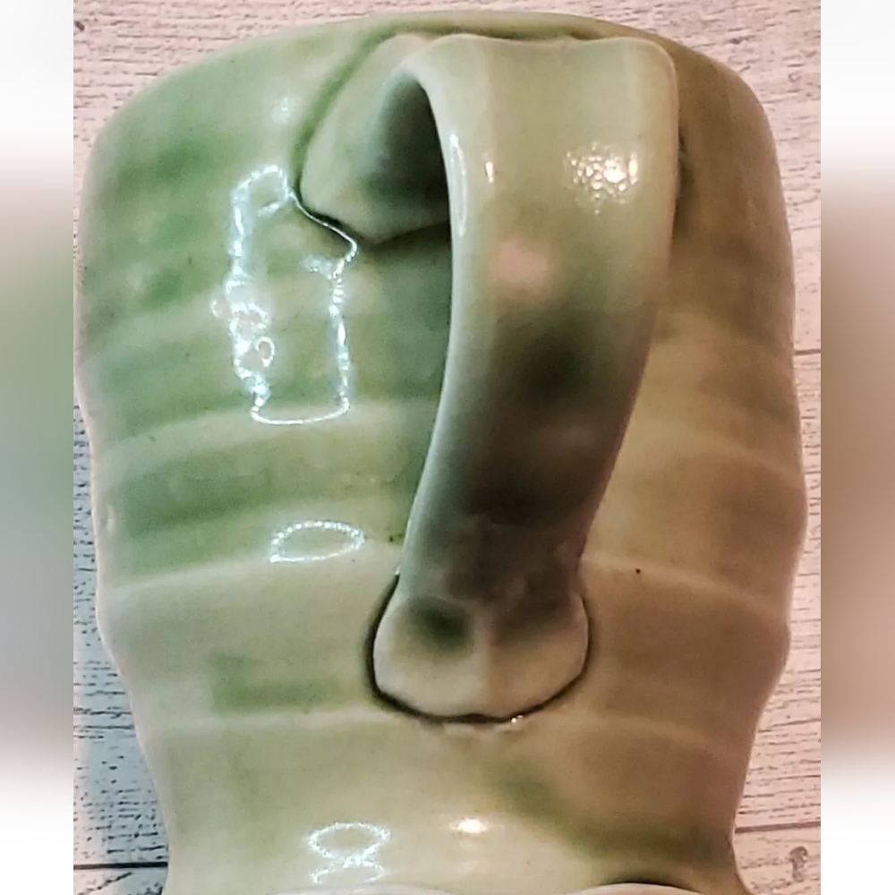 Handmade Studio Pottery Mug Small Marked Green Ruffled Swirl Rustic Primitive - Picture 5 of 10